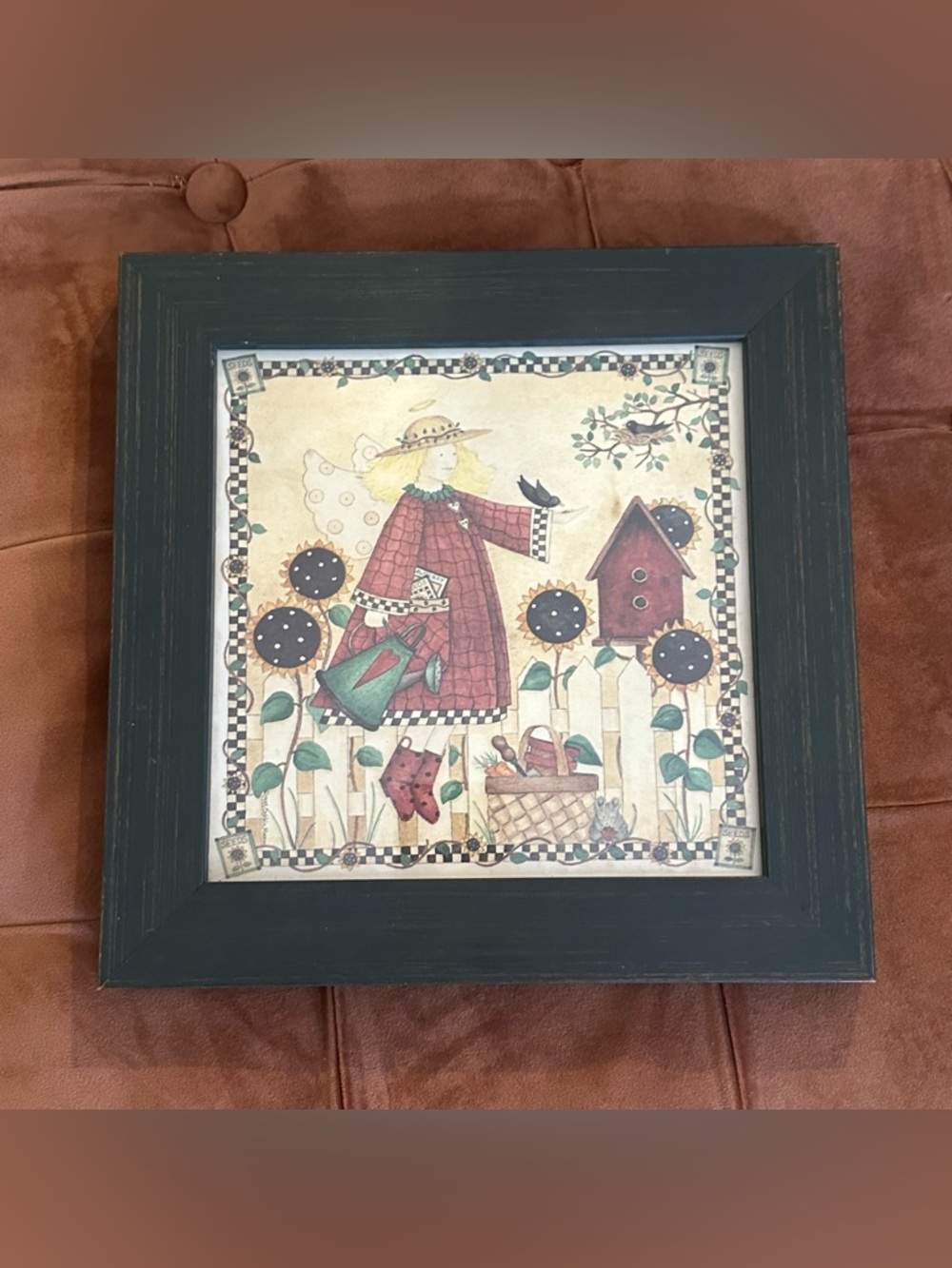 Folk art framed pictures wall decor garden angel primitive